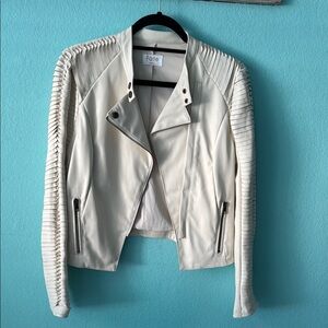 Fate Women's Cream Leather Jacket with Ribbed Sleeves
